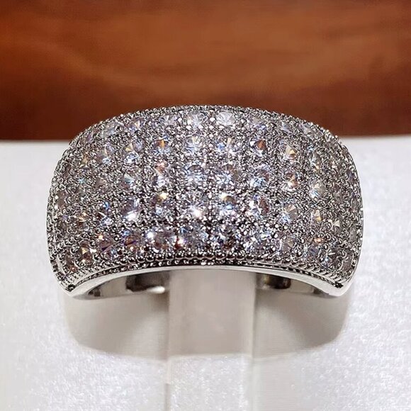 NEW 18k White Gold Pave Diamond Ring Thick Wide Ring Band Statement Ring - Picture 10 of 12